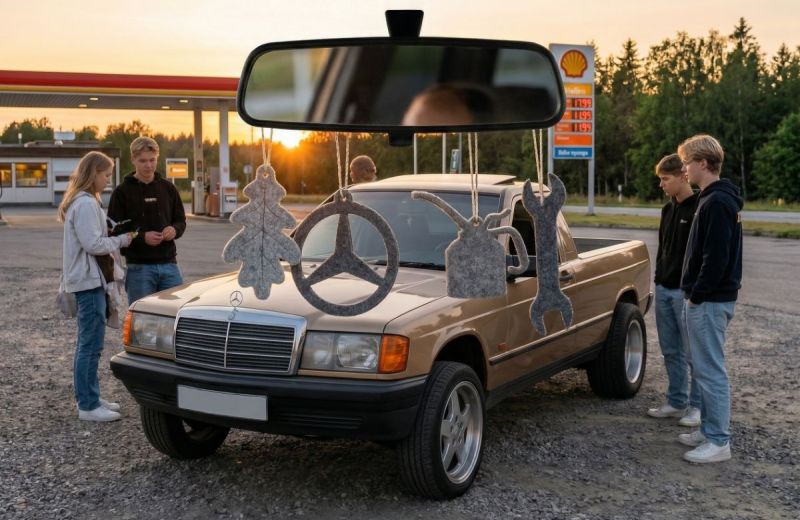 Ungdomar står vid en guldbrun A-traktor på en bensinmack i solnedgång. Filtfigurer hänger från backspegeln.