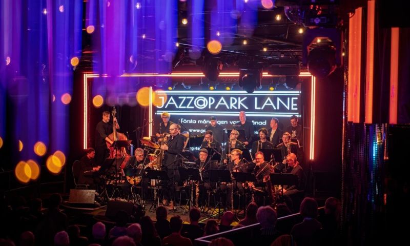 Bild på ett band på scen, med texten "Jazzopark Lane" som bakgrund