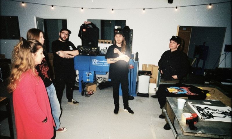 Grupp i en tryckstudio omgiven av maskiner och t-shirts med tryck