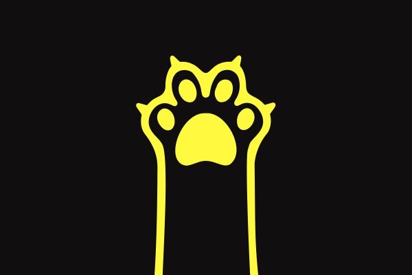 En gul illustration föreställande en upprättstående djurtass (likt en hund- eller kattass) mot en svart bakgrund.