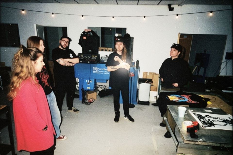 Grupp i en tryckstudio omgiven av maskiner och t-shirts med tryck