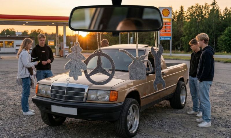 Ungdomar står vid en guldbrun A-traktor på en bensinmack i solnedgång. Filtfigurer hänger från backspegeln.